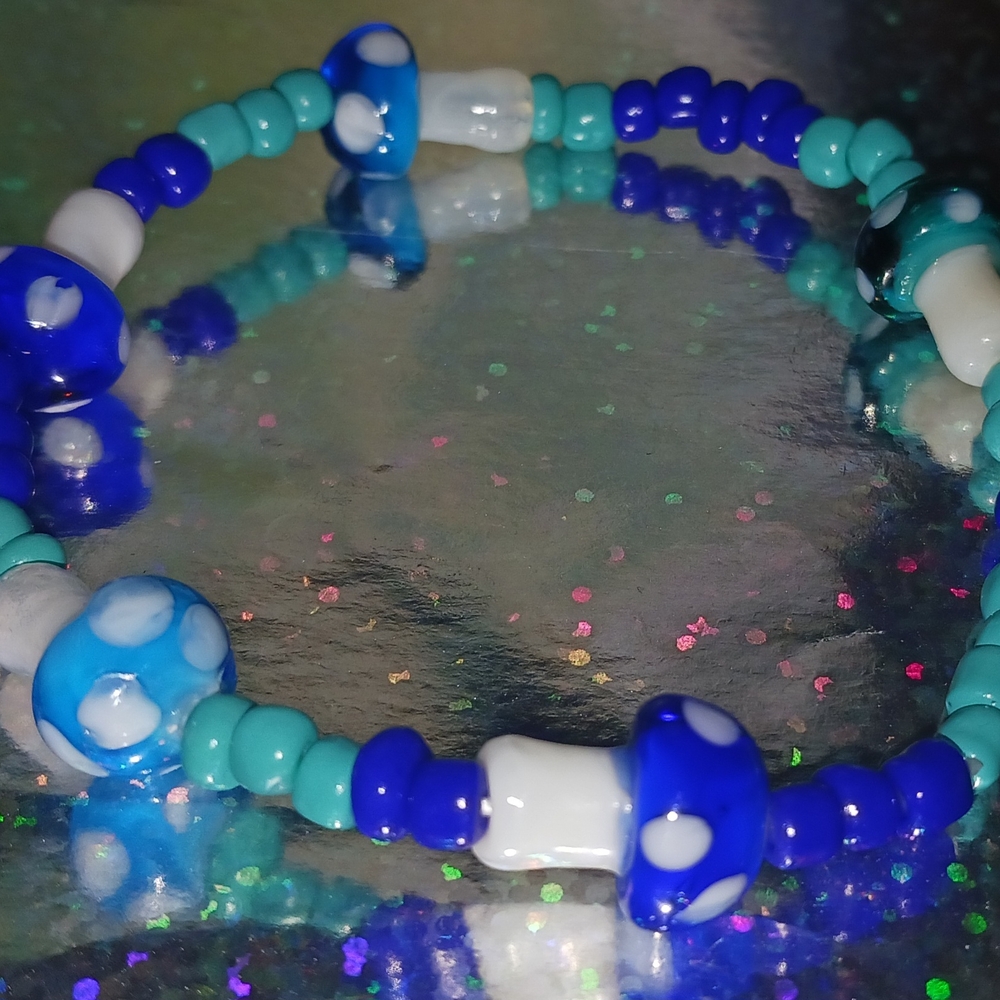 Oceanic Blue and White Mushroom Beaded Bracelet